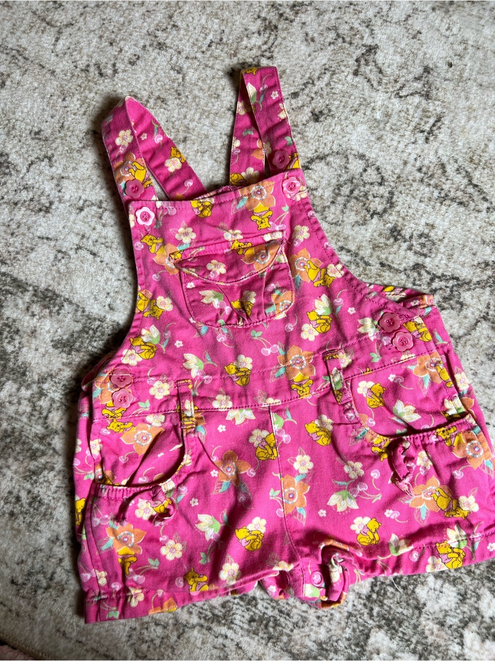 Vintage Pooh Overalls Disney Pink Floral Short Overalls with Yellow Accents